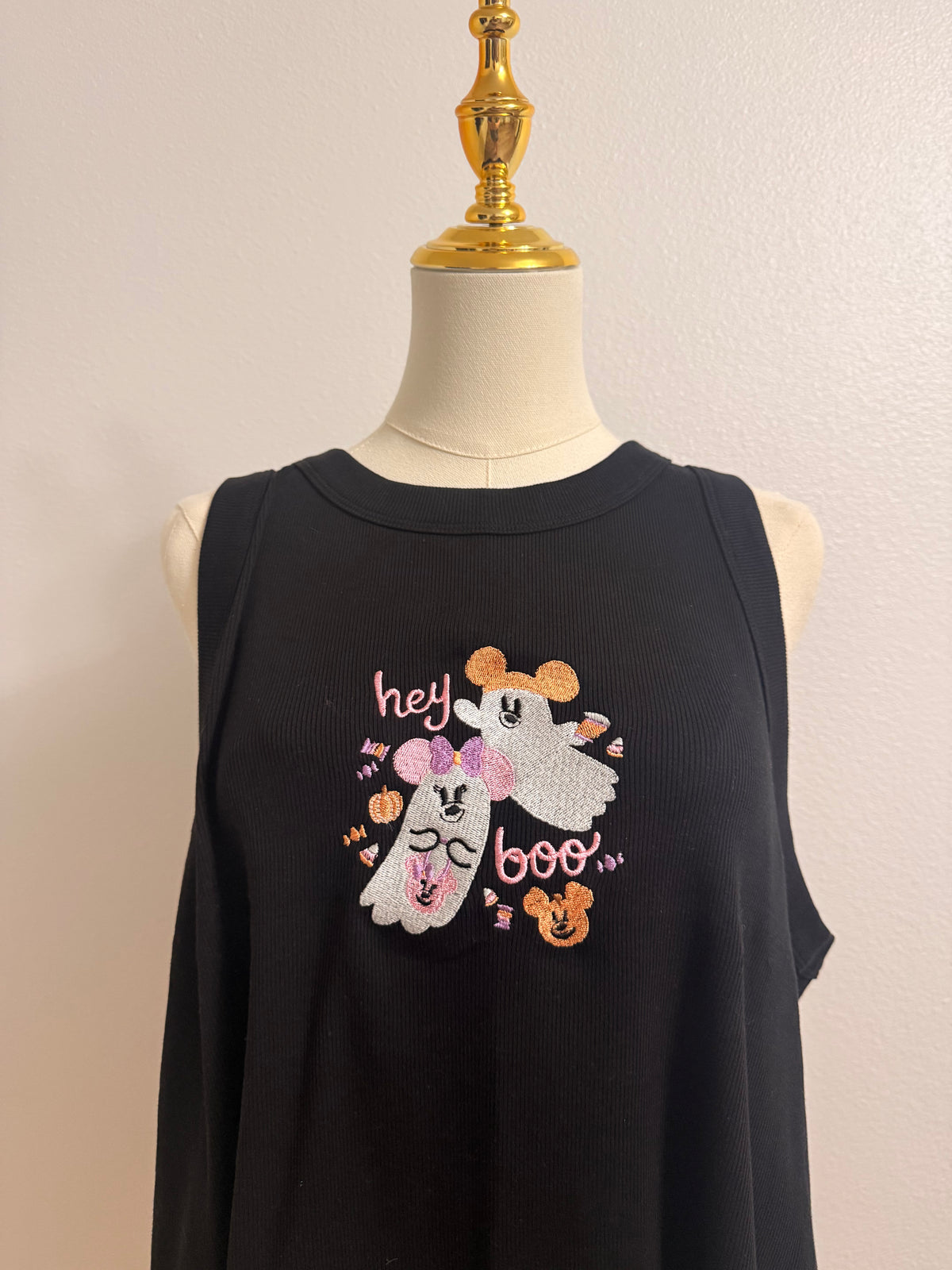 Hey Boo Ghost Embroidered Razor Back Slim Tank Top