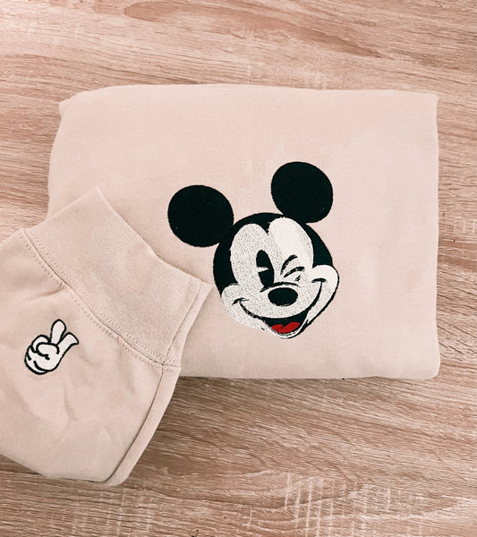 Winking Mouse Peace Sign Embroidered Crewneck