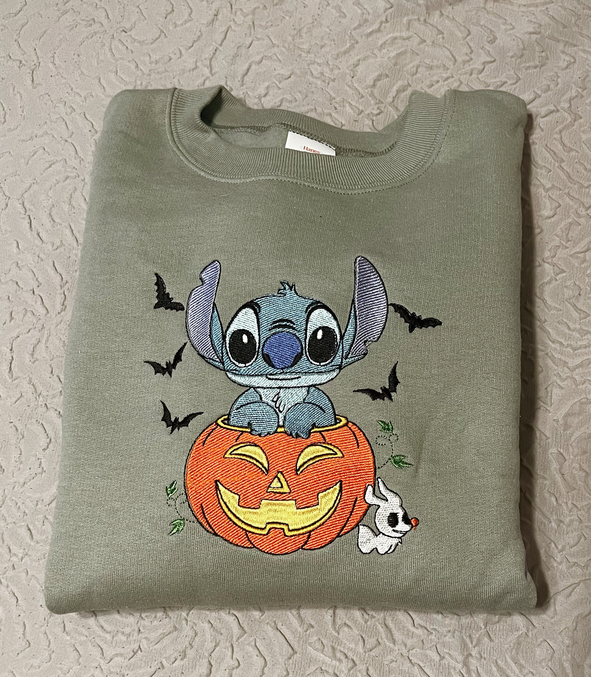Blue Alien Pumpkin with Ghost Dog and Bats Embroidered Crewneck